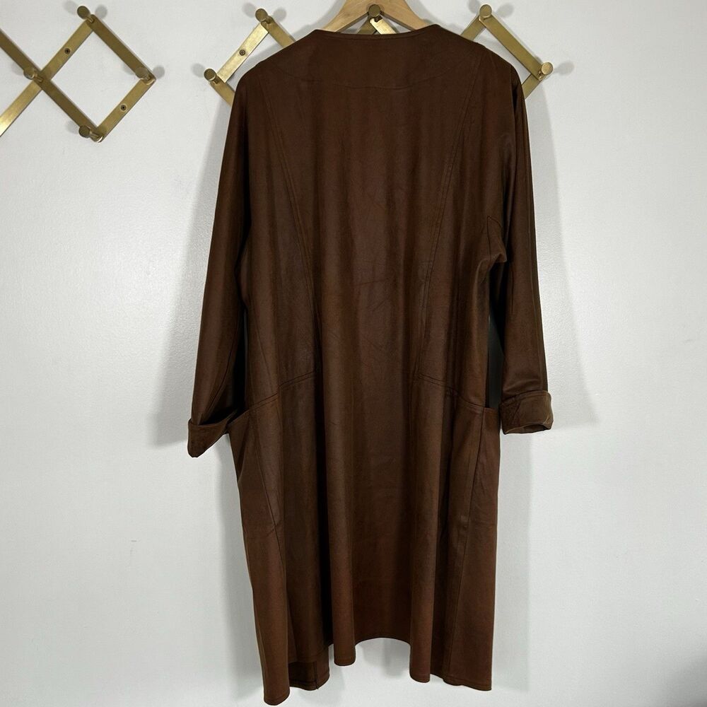 Soft Surroundings Faux Suede Duster Jacket Size 1X Brown Coat Open Front Pockets - Picture 8 of 10